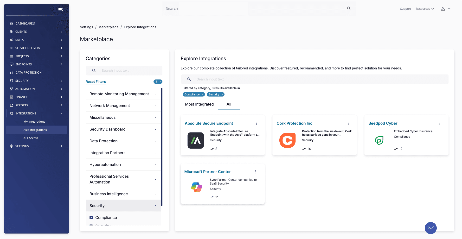 Legacy integrations marketplace with the Microsoft Partner Center card among many others