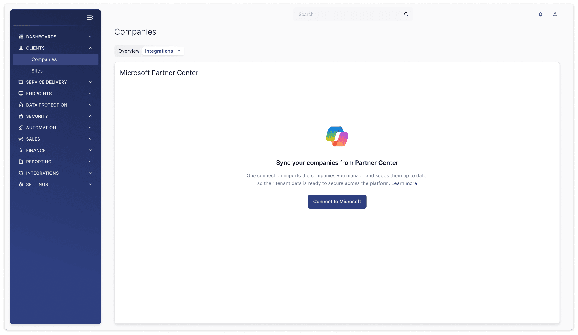 Companies screen with the Microsoft Partner Center connect prompt