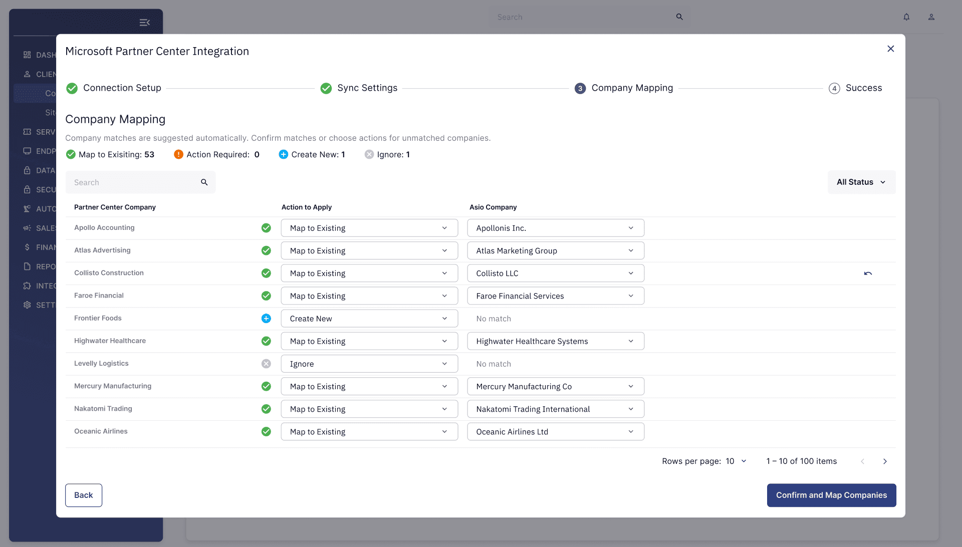 Integration setup wizard on the company mapping step, matching discovered companies to existing records