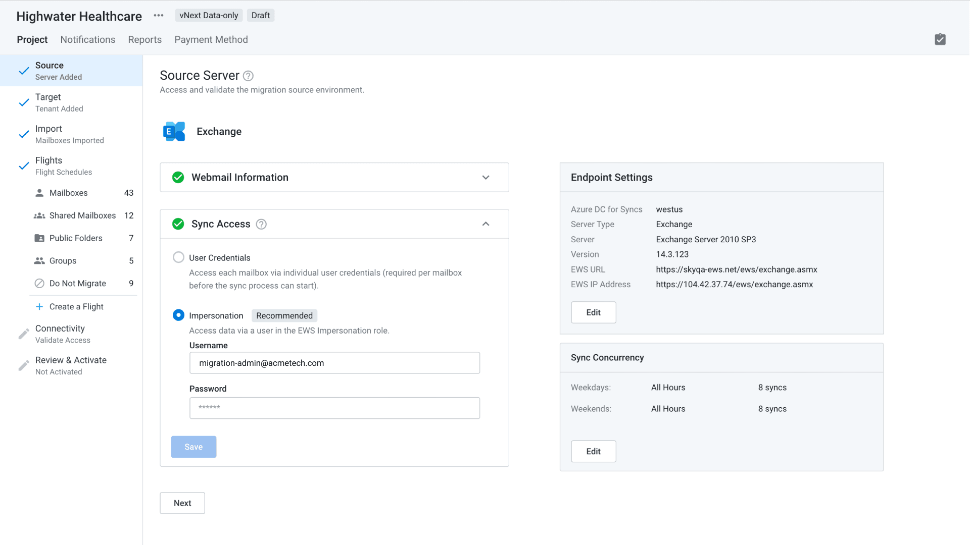 Source server setup in draft state, showing sync access, endpoint settings, and sync concurrency