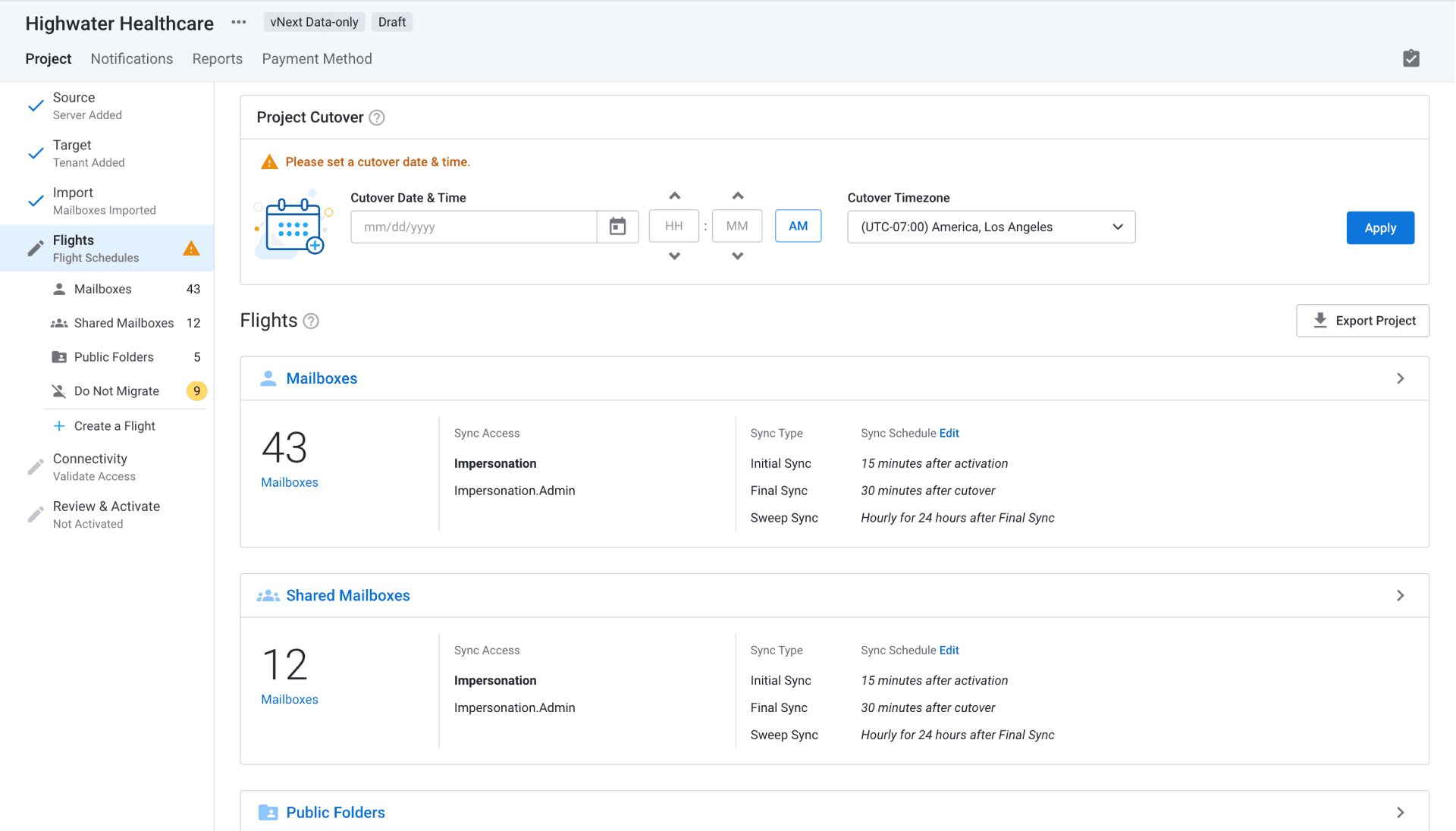 Flights dashboard in draft state showing cutover settings, a validation warning, and mailbox groups with sync schedules
