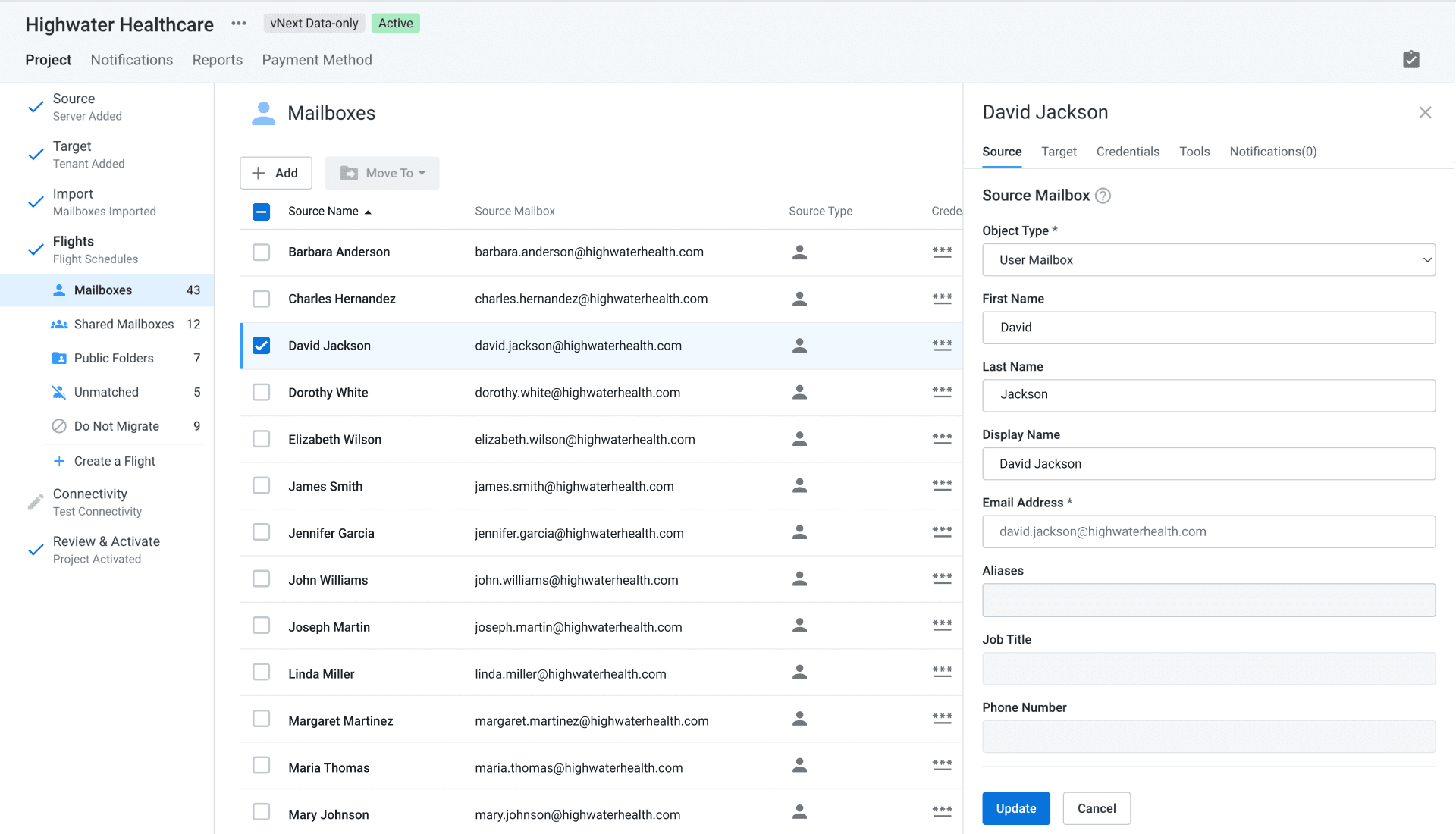 Mailbox list in the active state with a tabbed panel open on a single mailbox