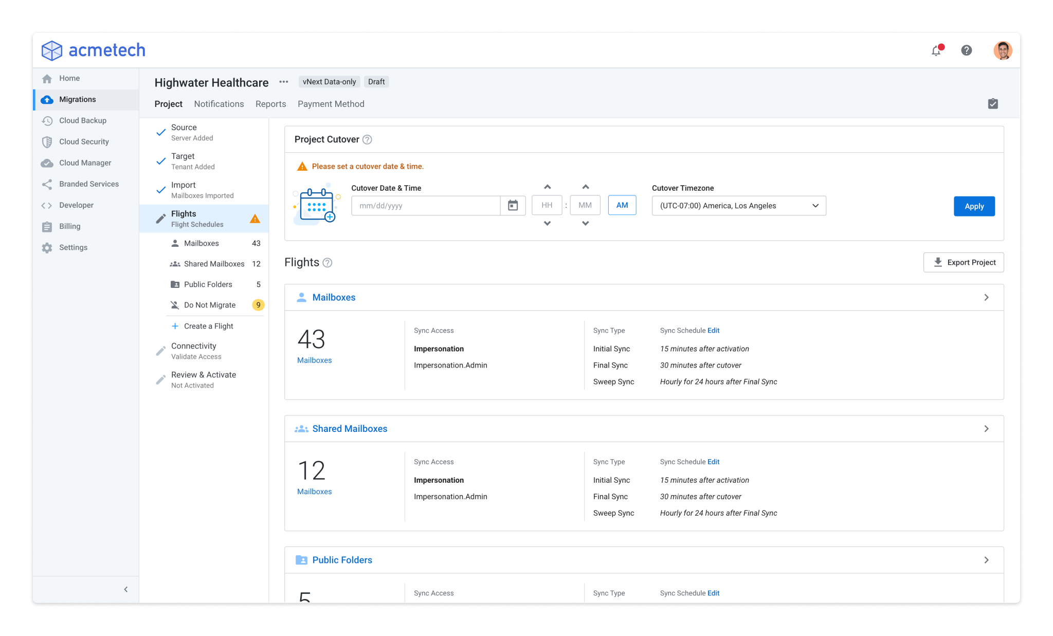 Flights dashboard in draft state showing warning patterns