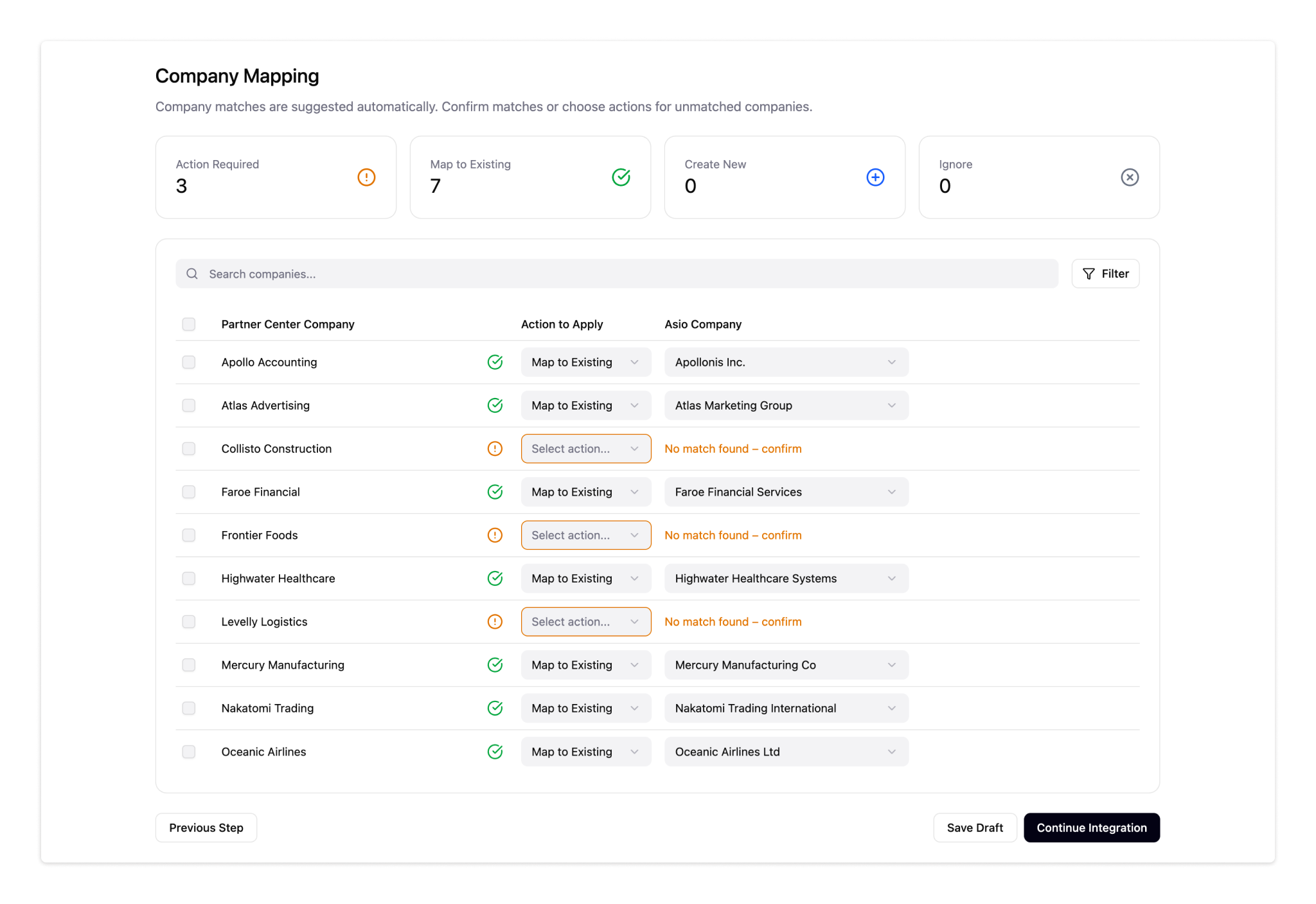 Company mapping interface with action dropdowns